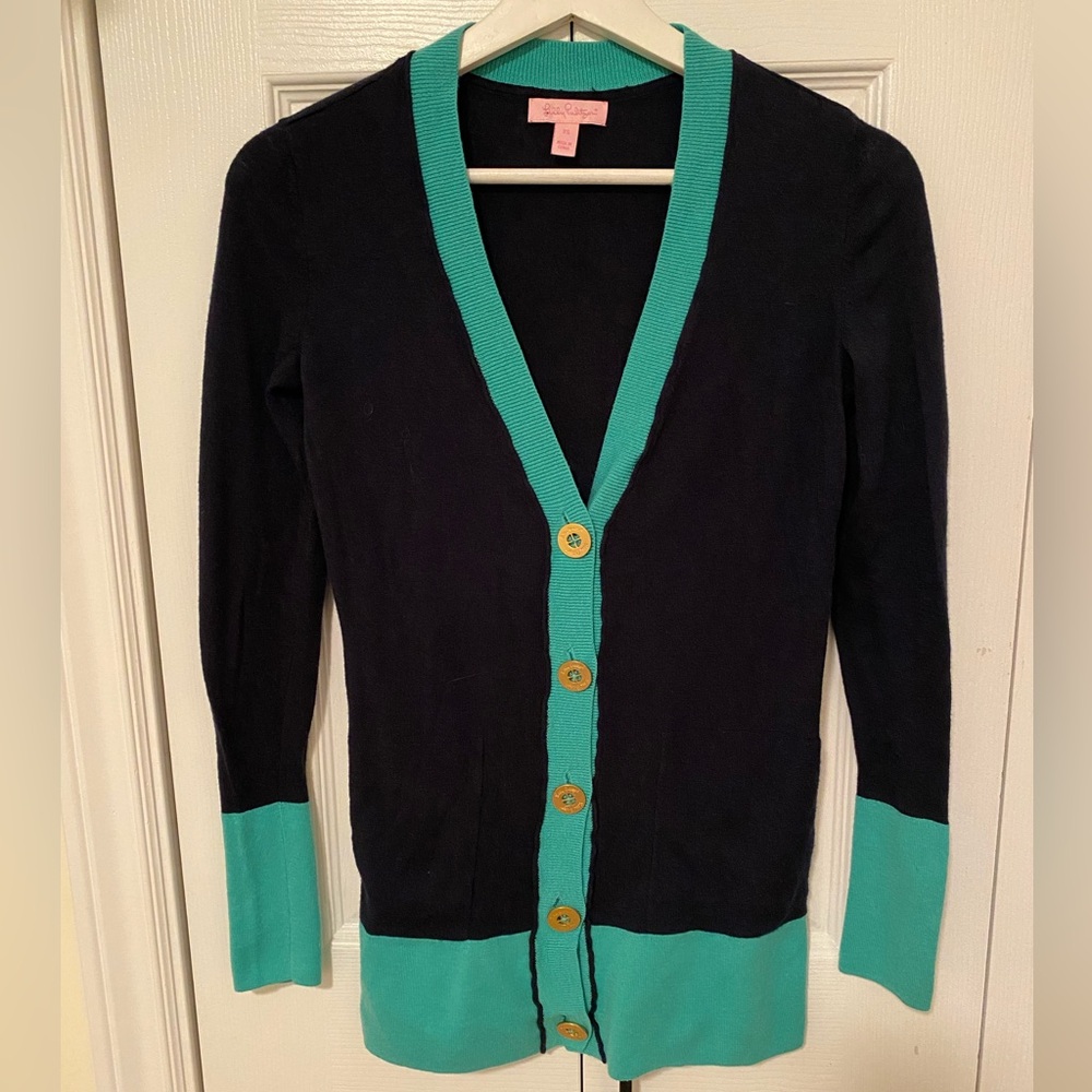 Lilly Pulitzer Heidi Cardigan in All Wrapped Up Colorblock Navy / Lagoon Green